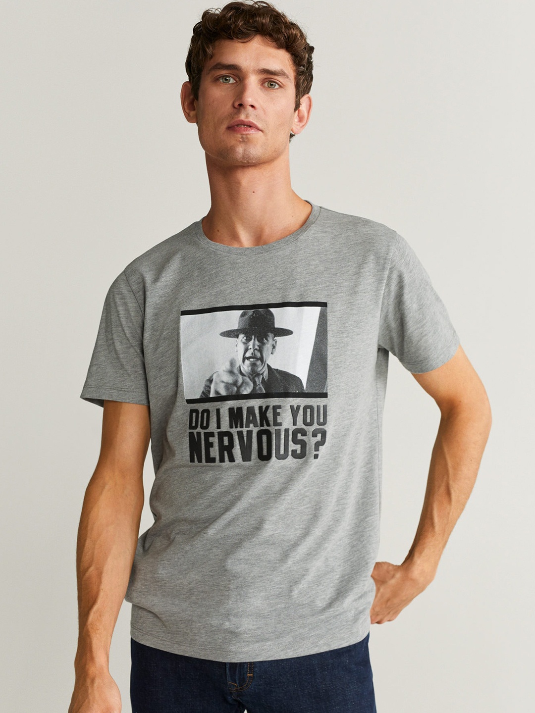 

MANGO MAN Men Grey Melange Printed Round Neck T-shirt