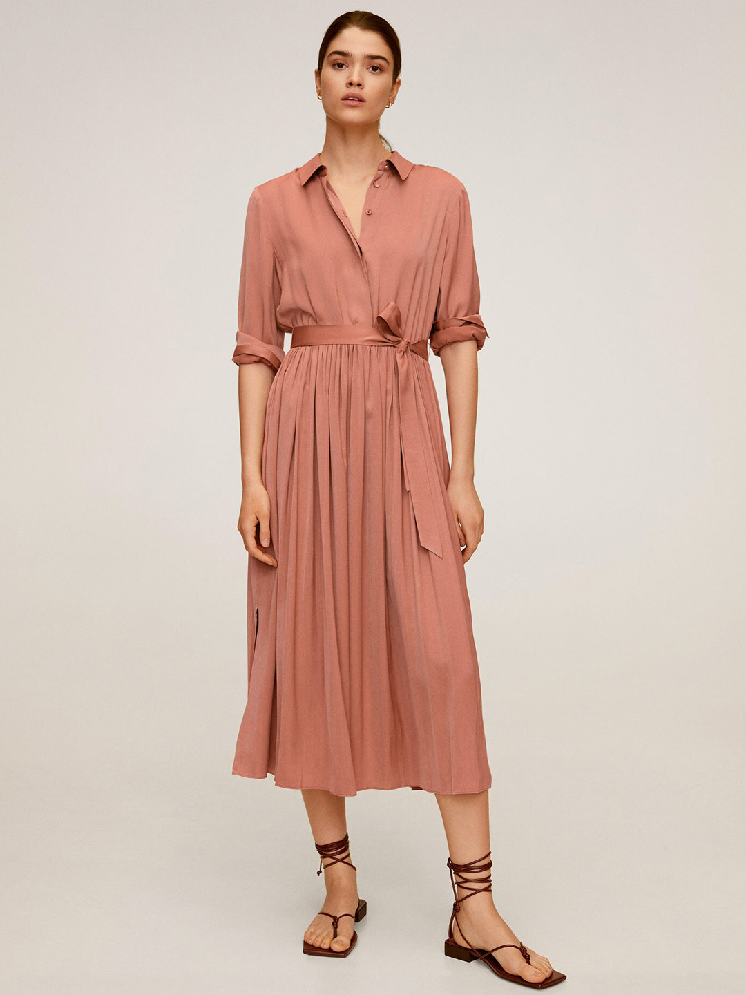 

MANGO Women Peach-Coloured Solid Shirt Dress