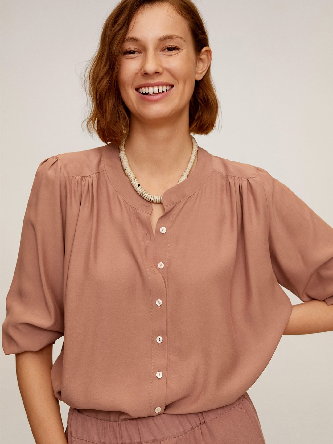 

MANGO Women Pink Solid High-Low Shirt Style Top