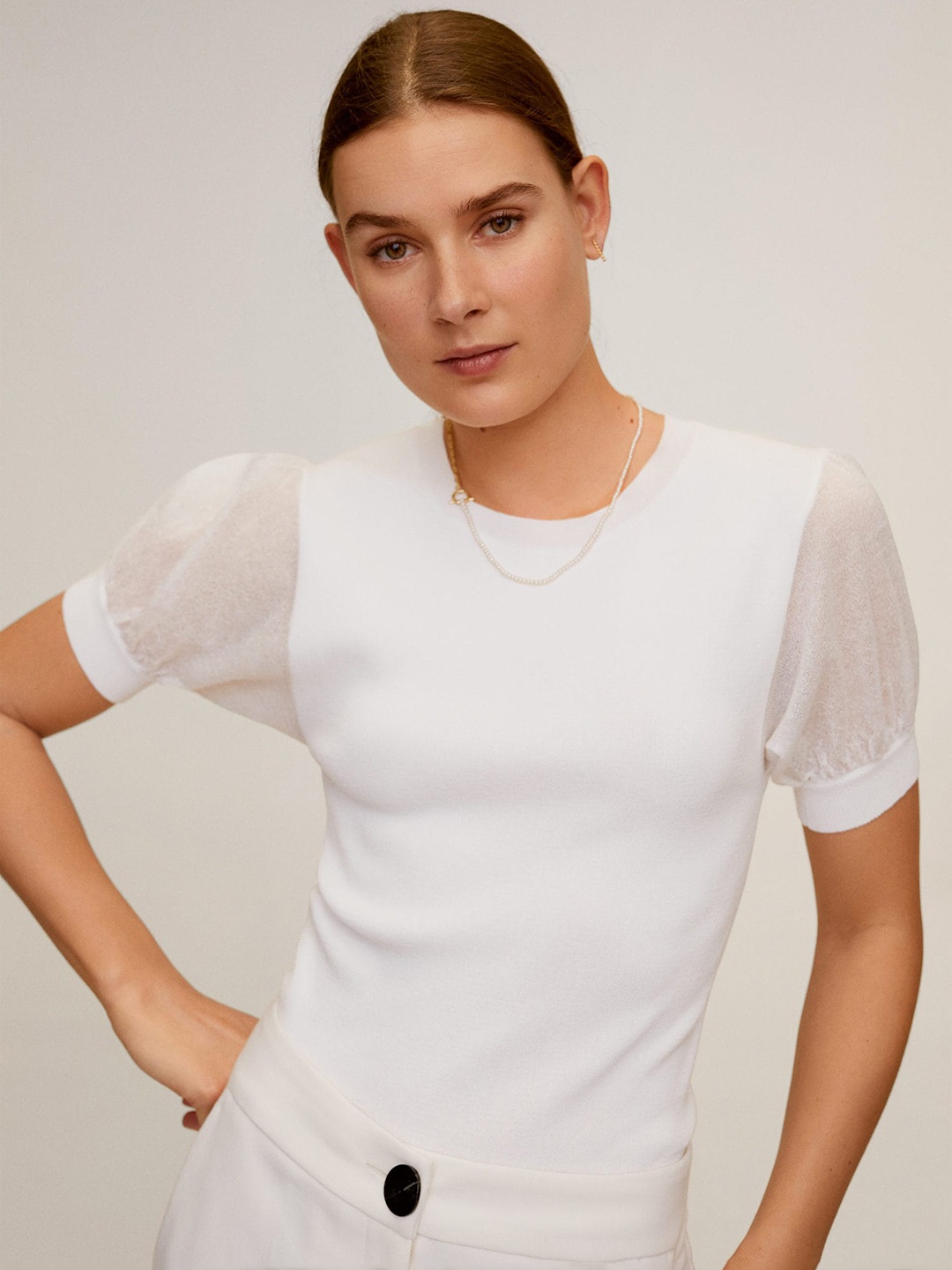 

MANGO Women White Solid Pullover Sweater