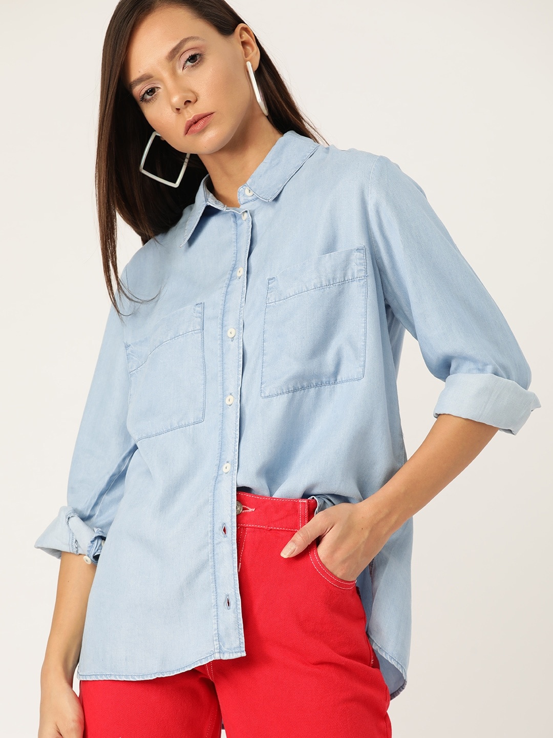 

MANGO Women Blue Regular Fit Solid Chambray Casual Sustainable Shirt