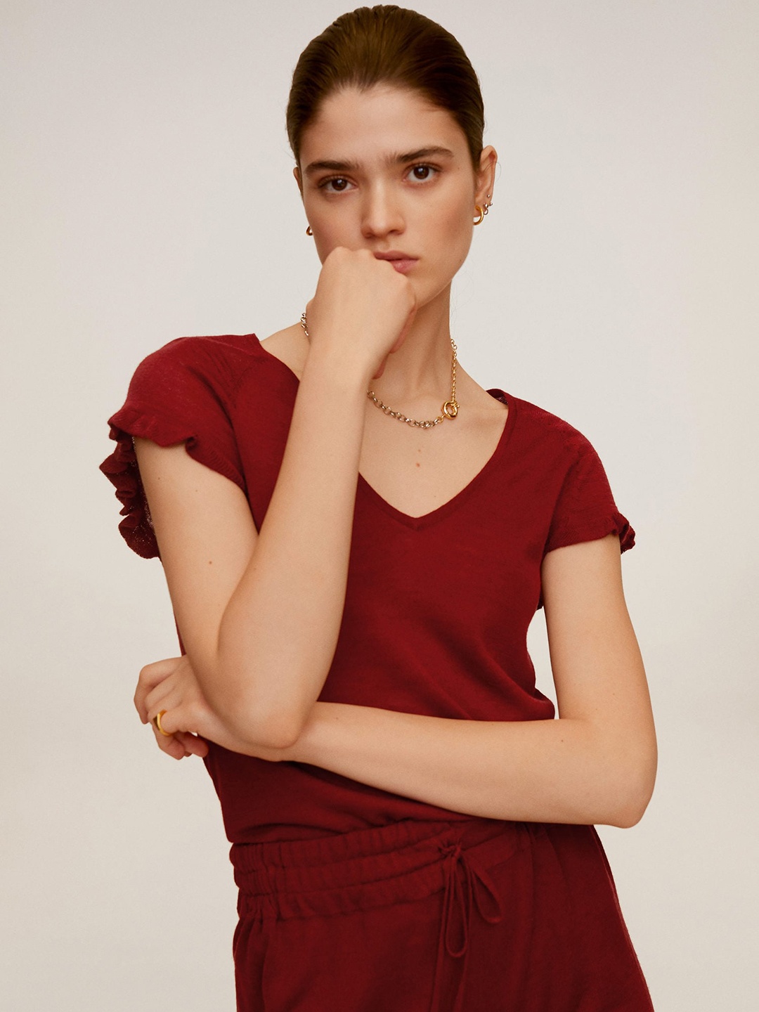 

MANGO Women Rust Red Solid Ruffle Sleeves Top