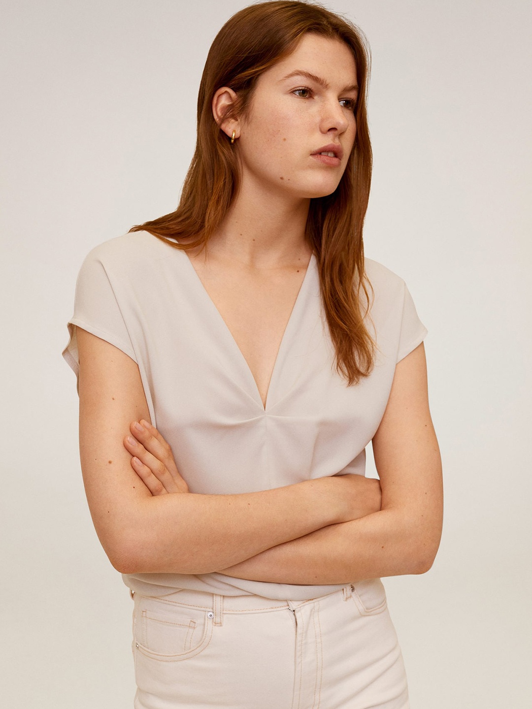 

MANGO Women Off-White Solid Top