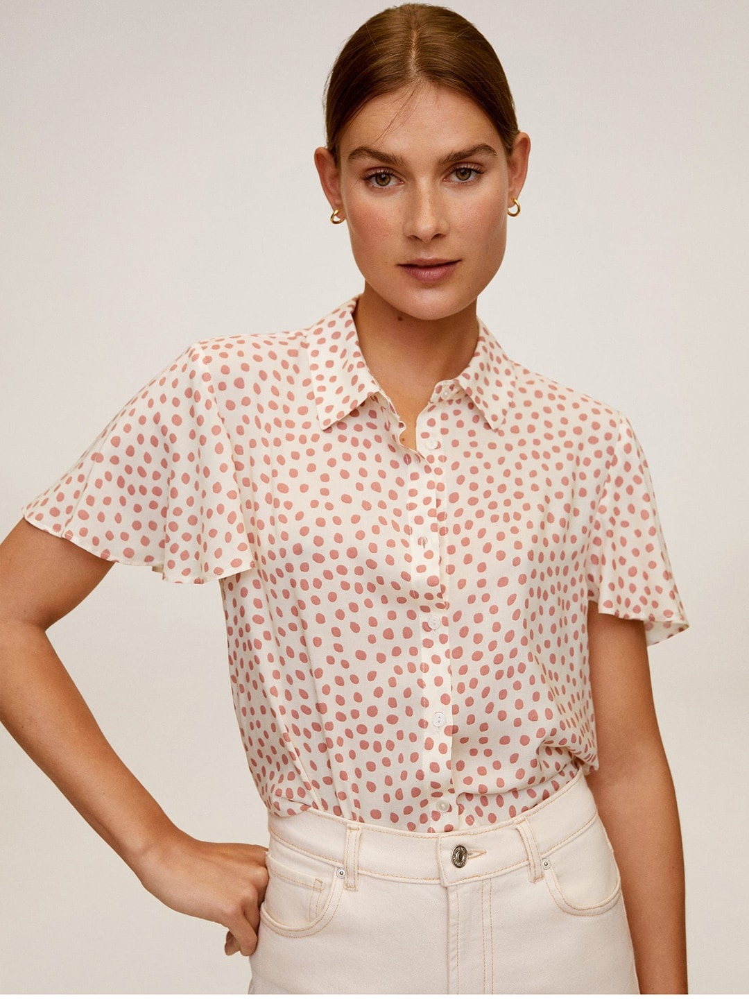 

MANGO Women Peach-Coloured & Pink Regular Fit Printed Casual Sustainable Shirt