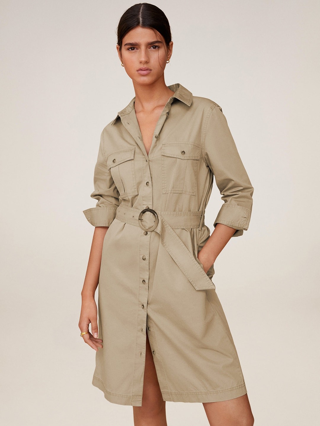 

MANGO Women Beige Solid Shirt Sustainable Dress