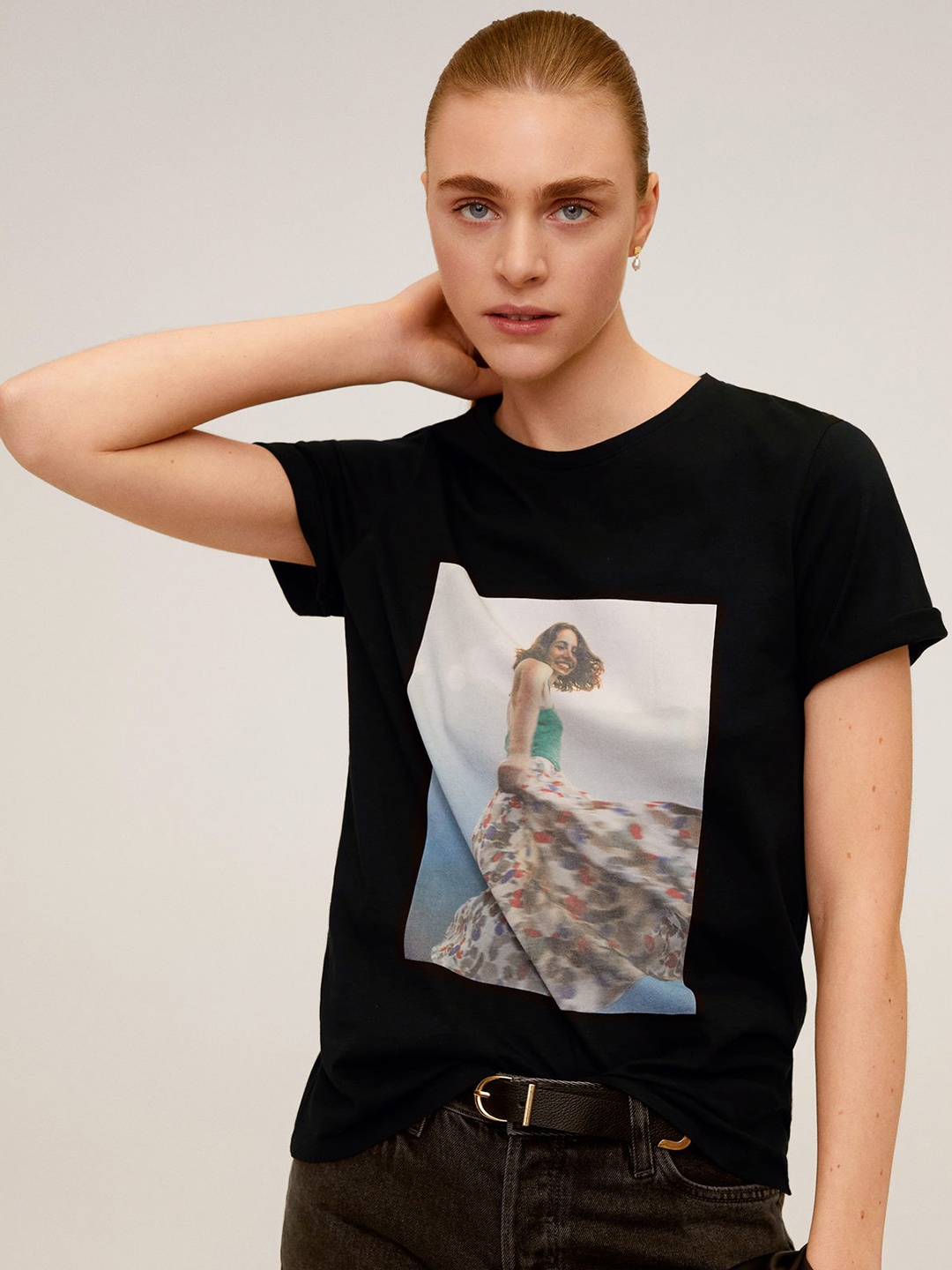 

MANGO Women Black & Off-White Printed Round Neck T-shirt