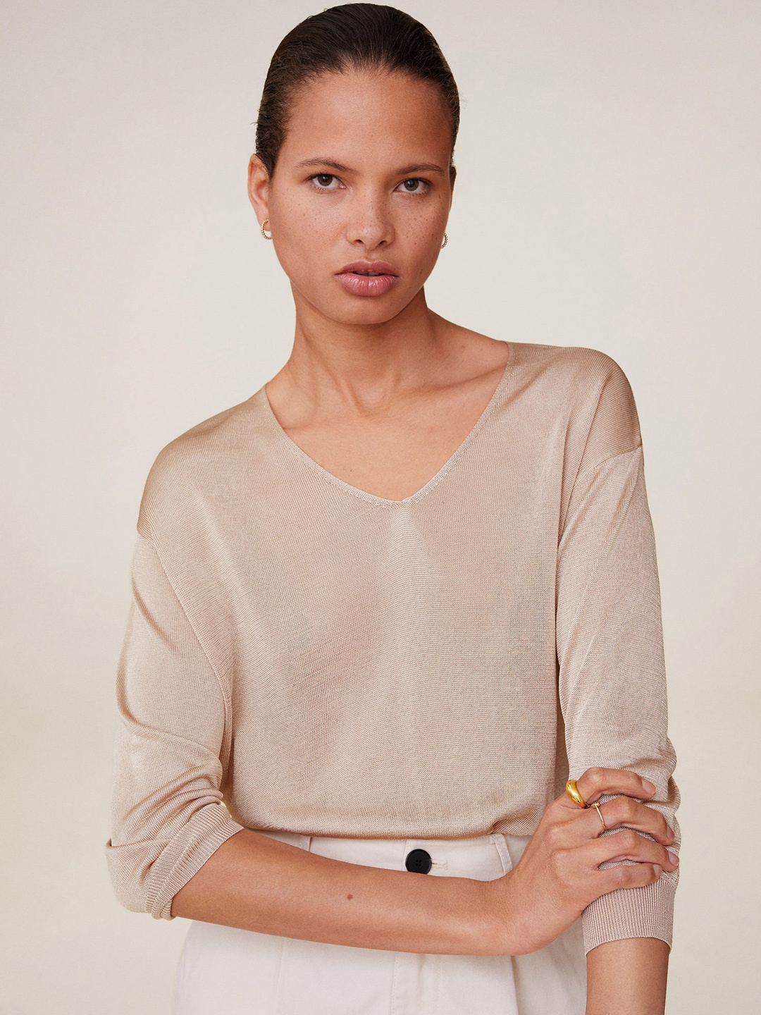 

MANGO Women Beige Solid Sweater