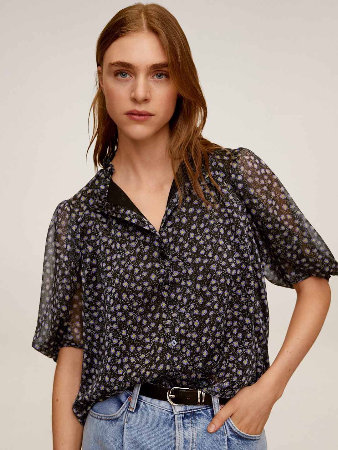 

MANGO Women Black & Purple Floral Print Shirt Style Top