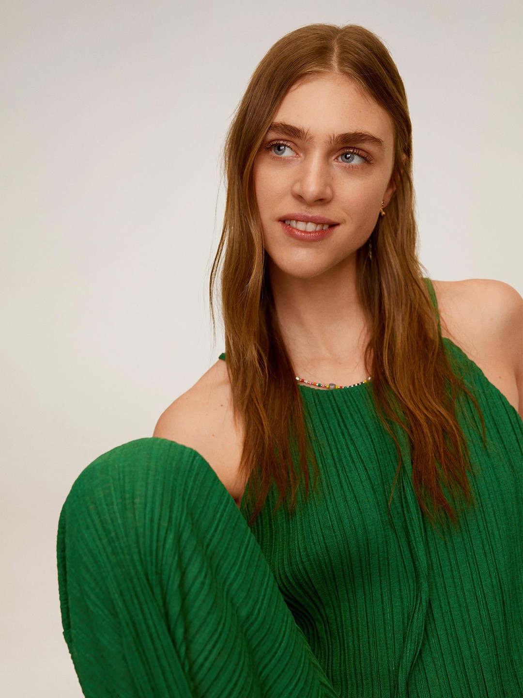 

MANGO Women Green Solid Accordion Pleated Top