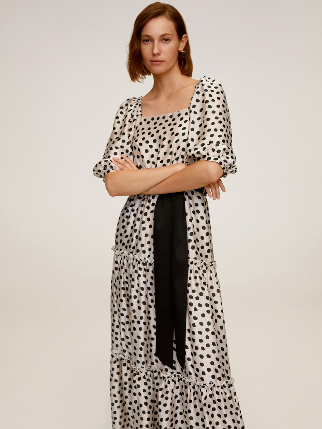 

MANGO Women White & Black Polka Dots Printed Monochrome Maxi Dress