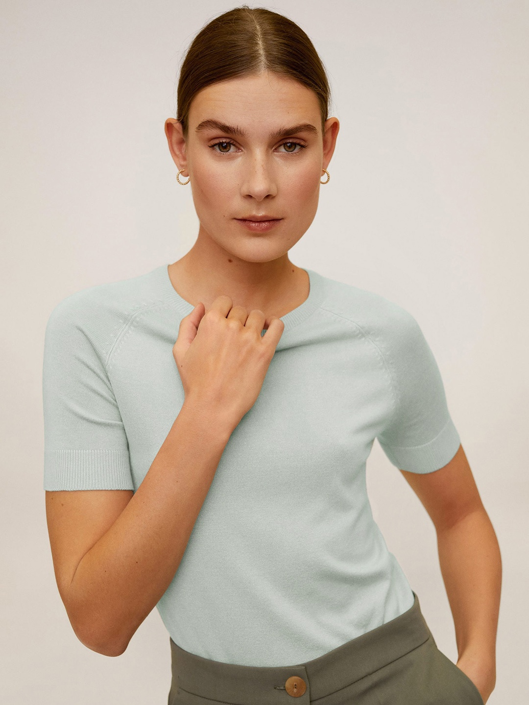 

MANGO Women Sea Green Solid Pullover Sweater