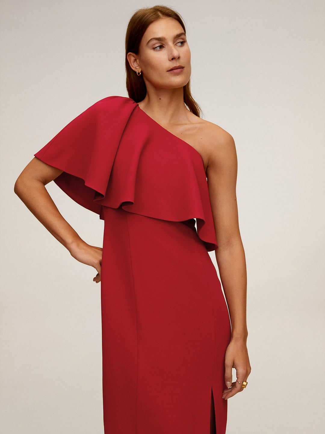 

MANGO Women Red Solid One-Shoulder Sheath Sustainable Dress