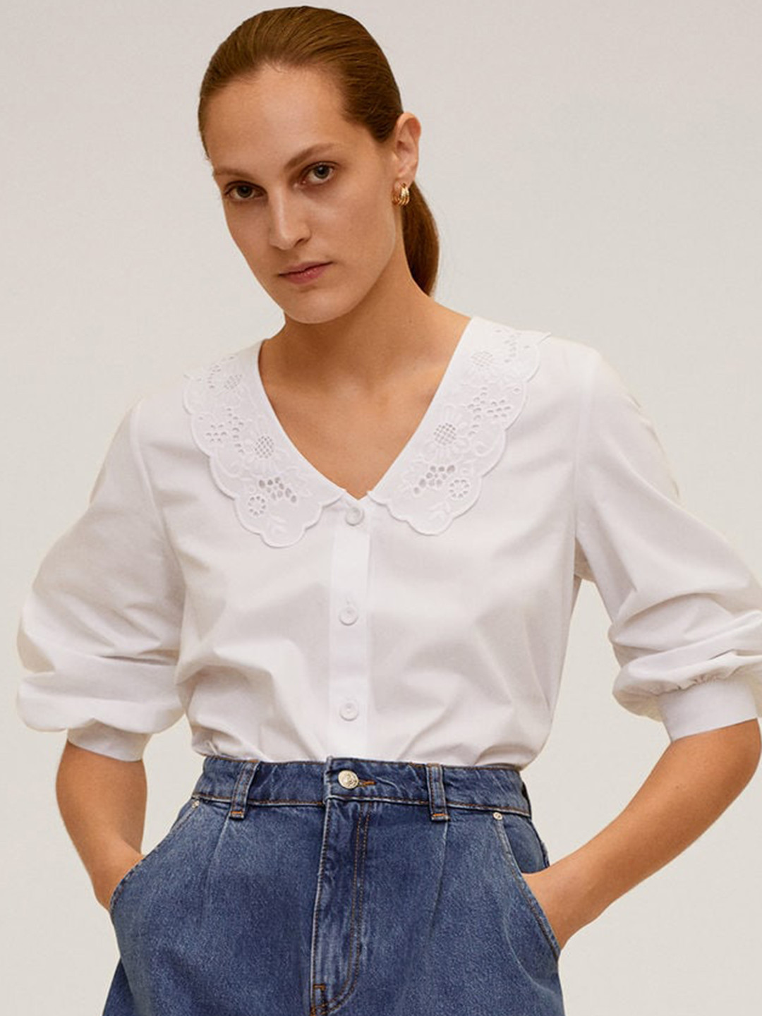 

MANGO Women White Solid Embroidered Lace Puff Sleeves Pure Cotton Top