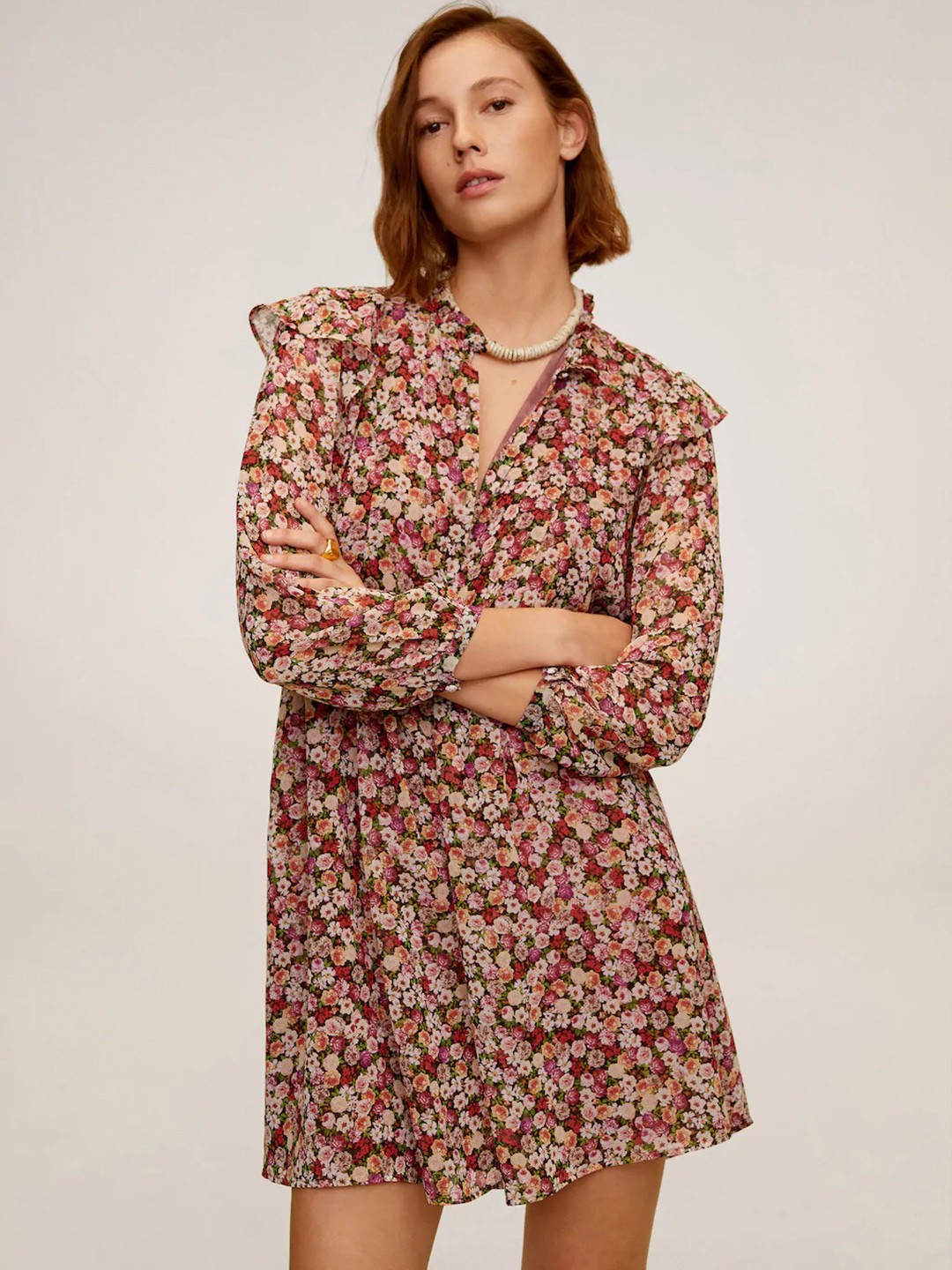 

MANGO Women Peach-Coloured & Red Floral Print A-Line Dress