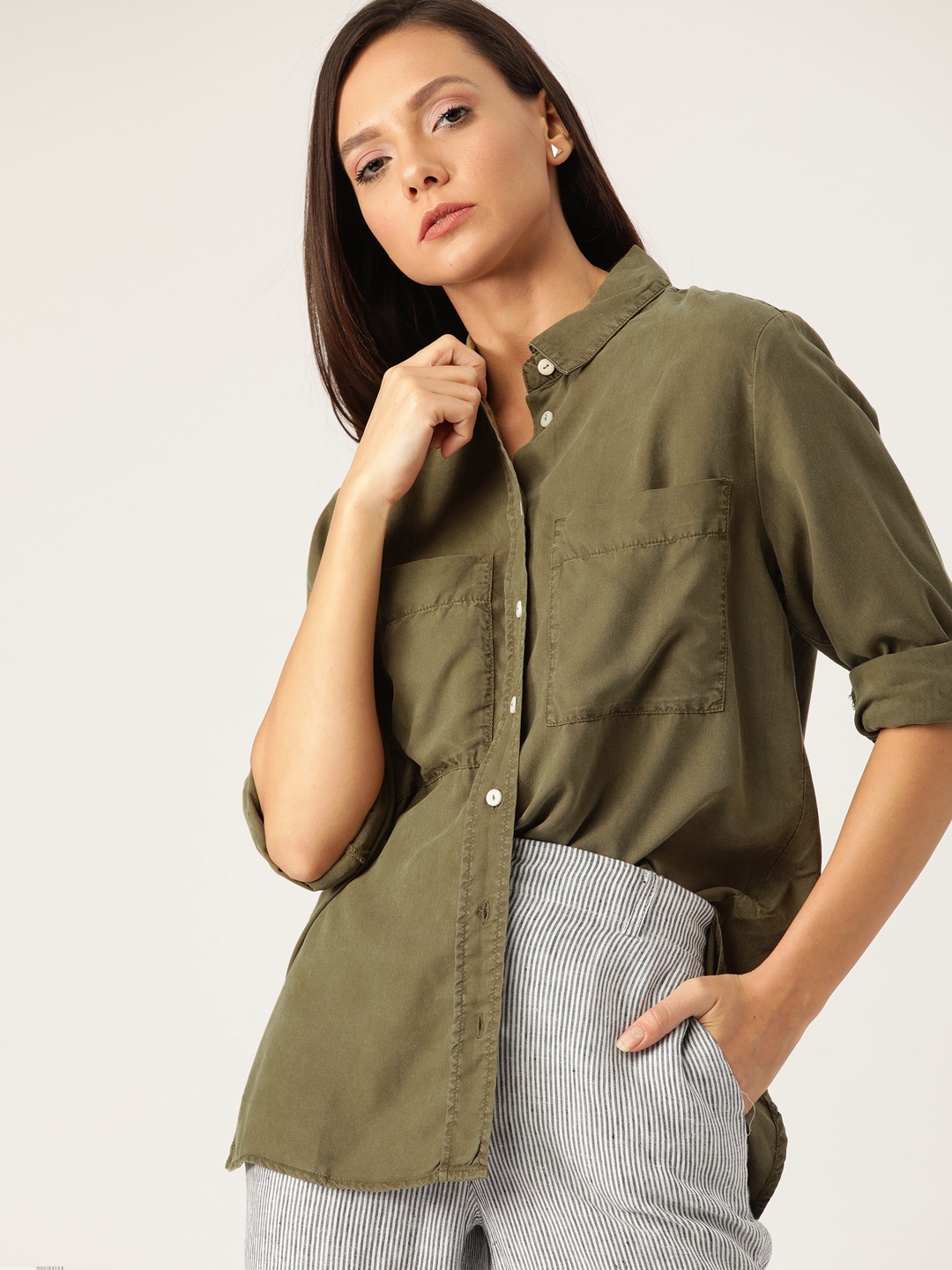 

MANGO Women Olive Green Regular Fit Solid Casual Shirt