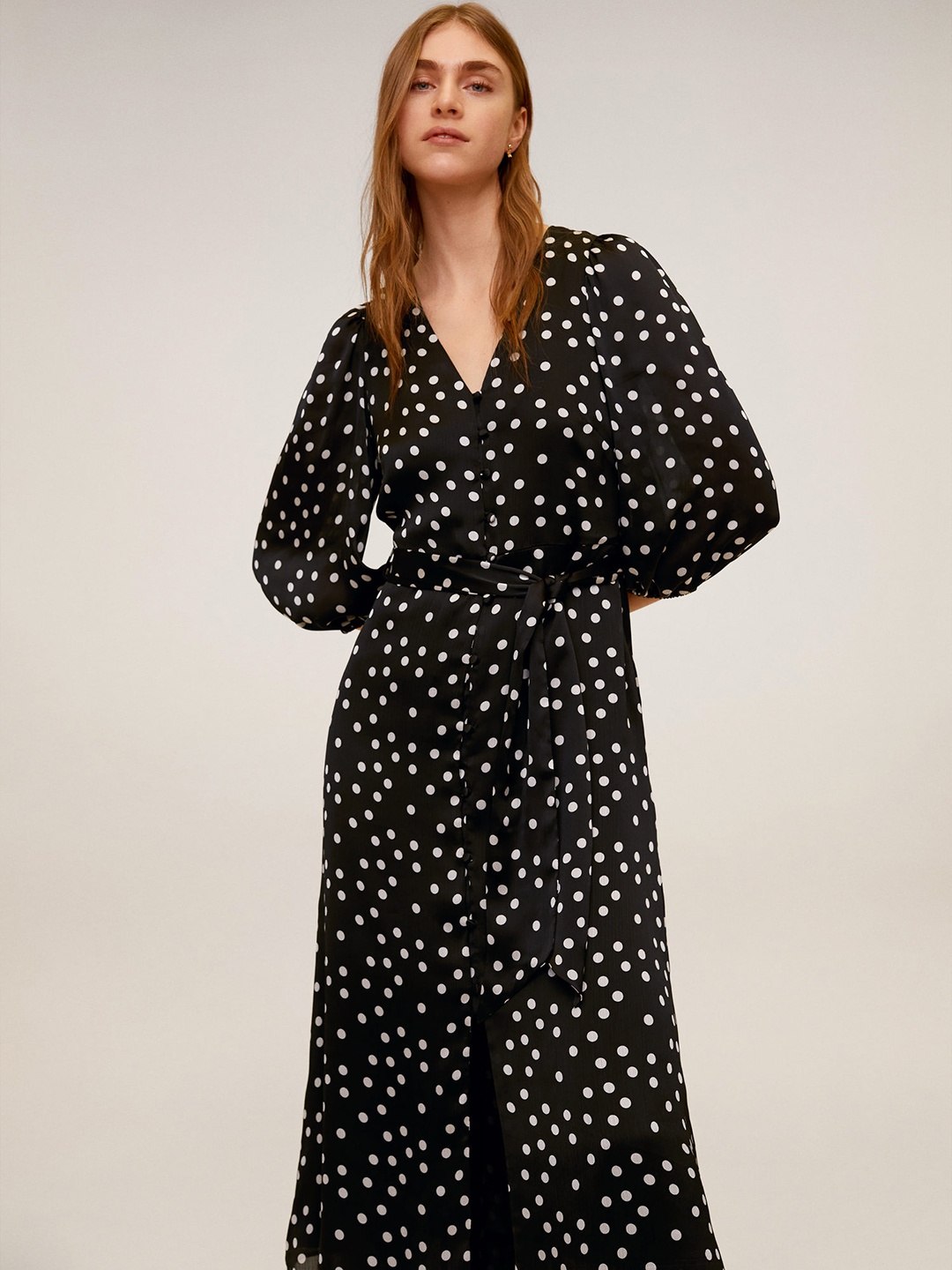 

MANGO Women Black & White Polka Dots Print Fit and Flare Dress