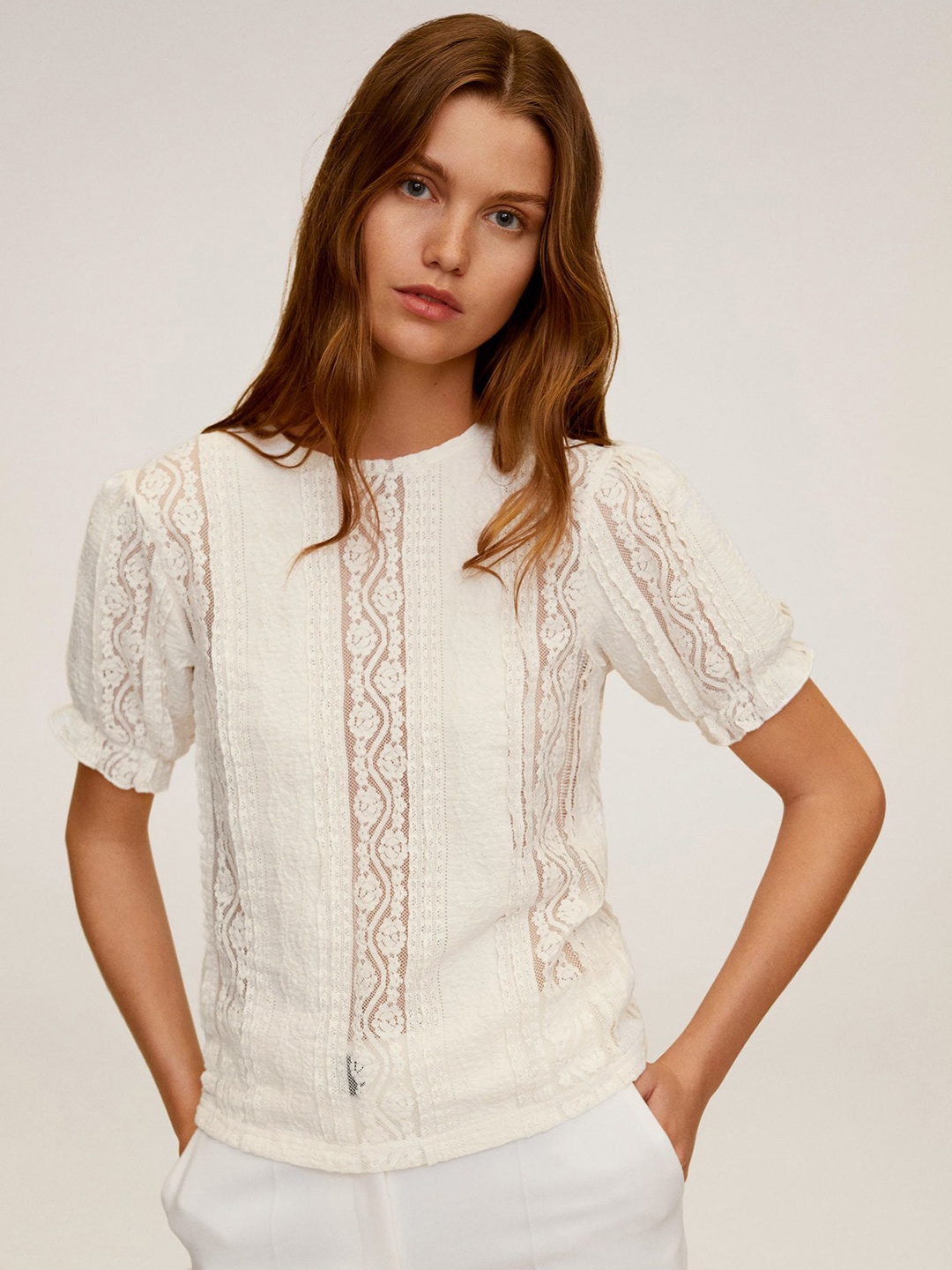 

MANGO Women Cream-Coloured Self Design Semi-Sheer Lace Top