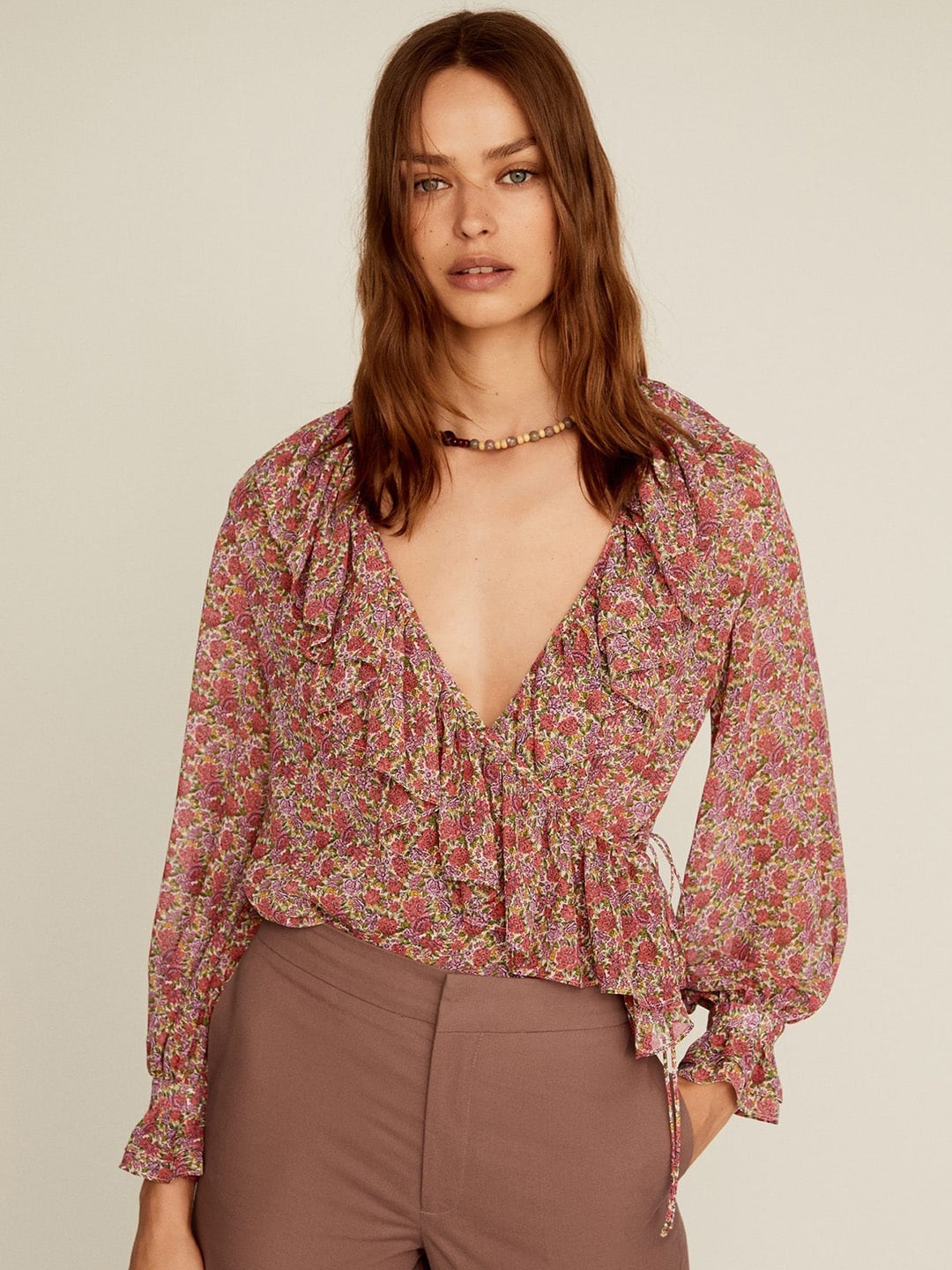 MANGO Women Dusty Pink & Green Floral Printed Ruffled Wrap Sustainable Top