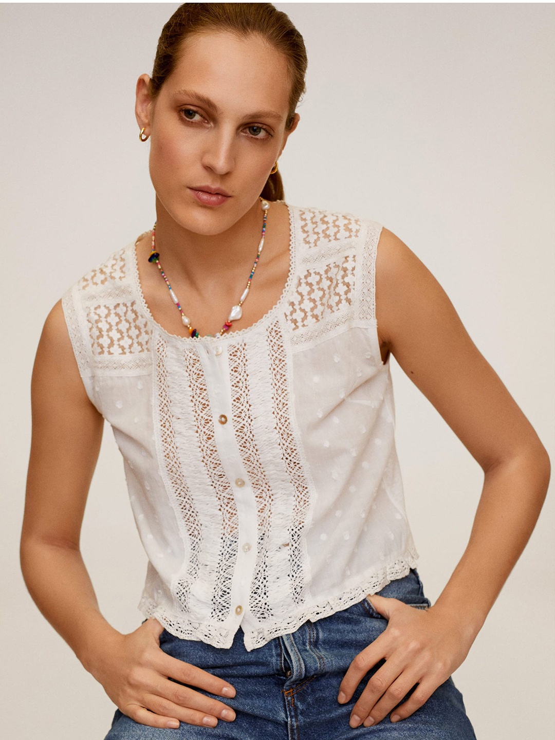 

MANGO Women White Embroidered Semi-Sheer Lace Pure Cotton Top