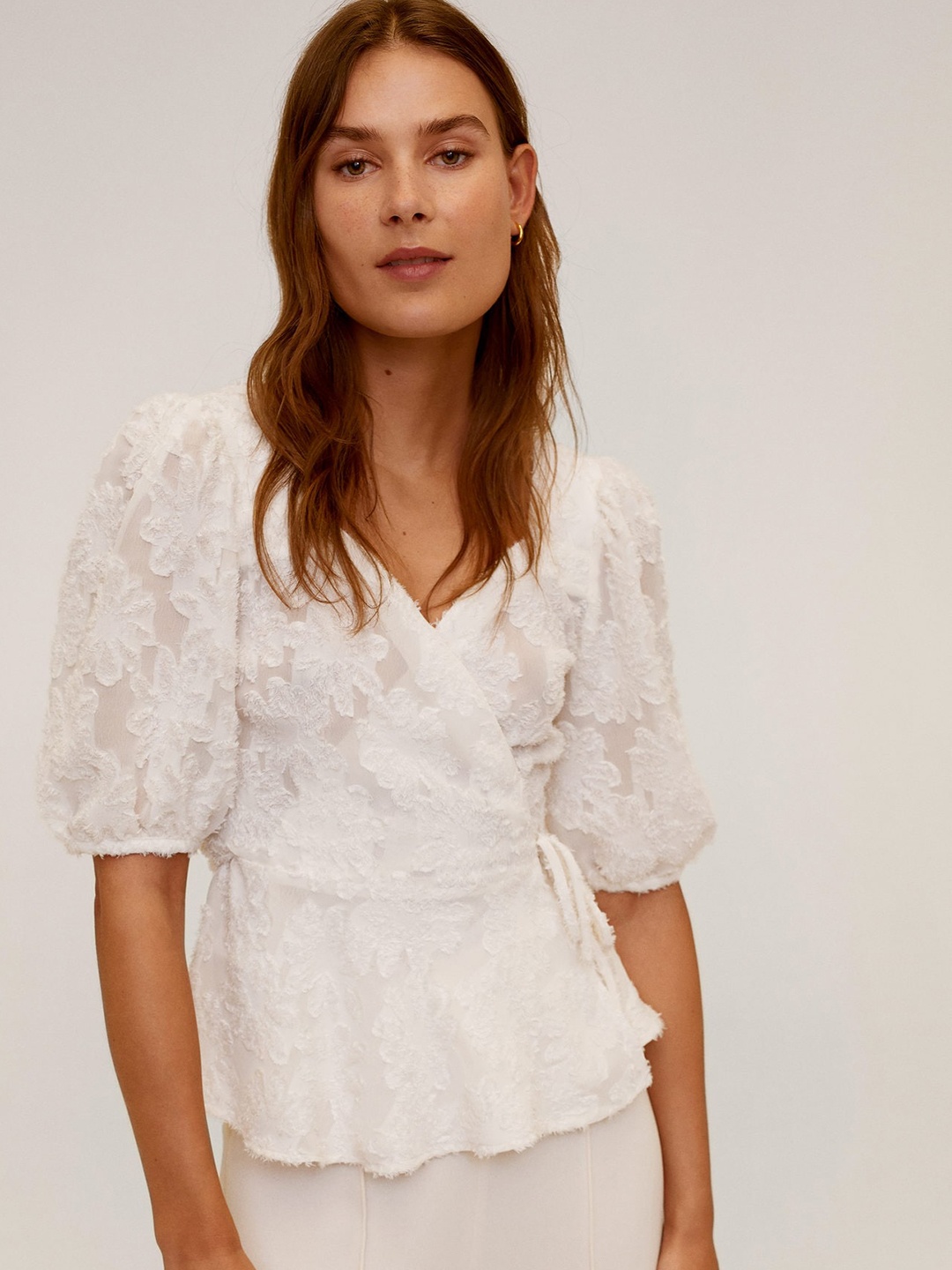 

MANGO Women Off-White Embossed Texture Semi-Sheer Wrap Top