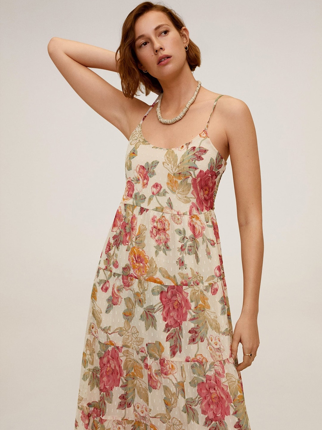 

MANGO Women Beige & Red Floral Print Tiered Maxi Sustainable Dress