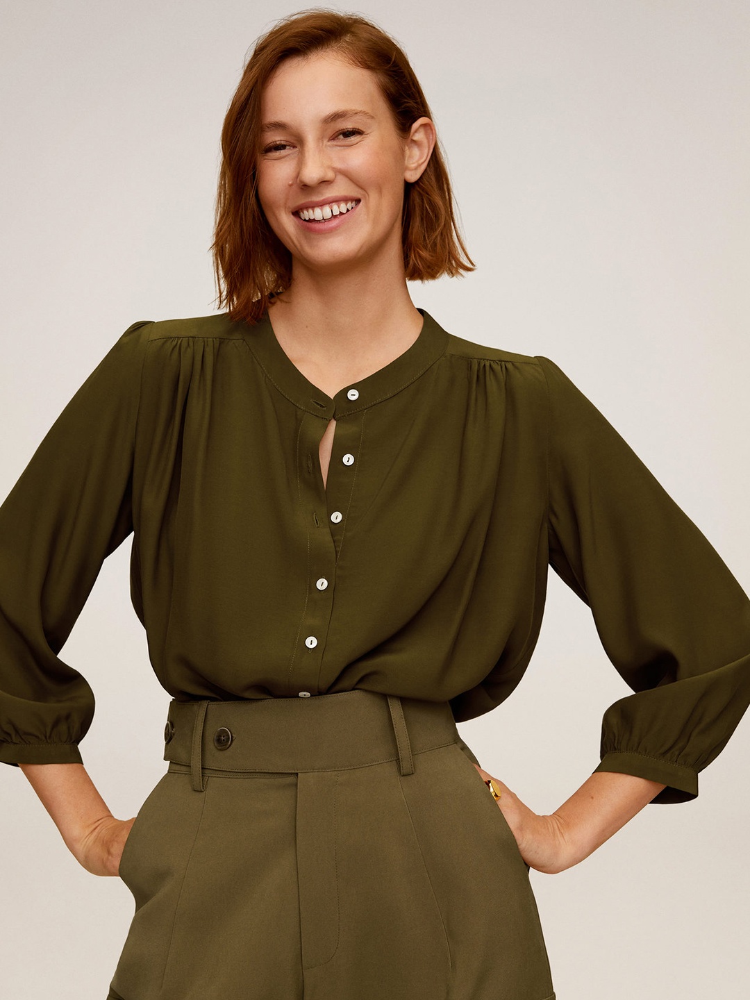 

MANGO Women Olive Green Regular Fit Solid Casual Shirt