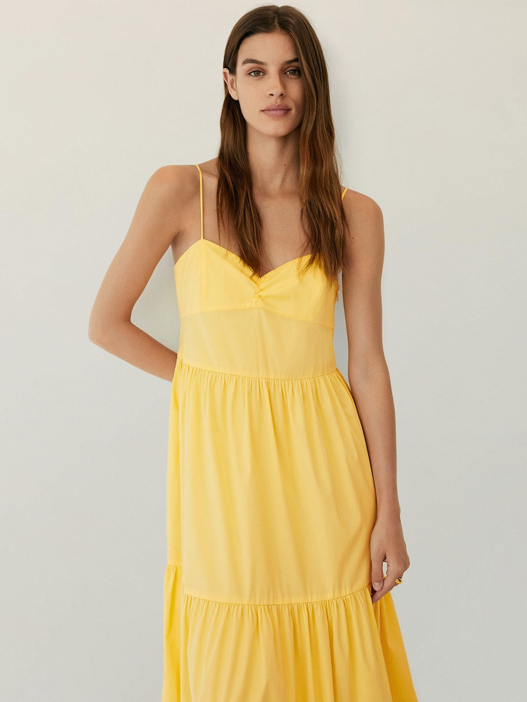 

MANGO Women Yellow Solid Tiered Maxi Sustainable Dress