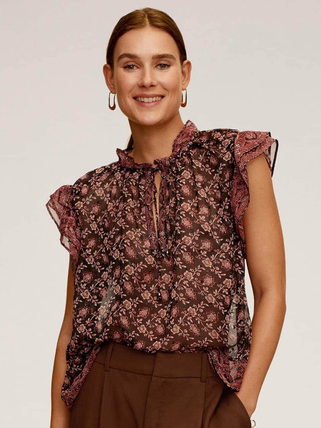 

MANGO Women Charcoal Grey & Brown Ethnic Printed Semi-Sheer Tie-Up Neck Sustainable Top