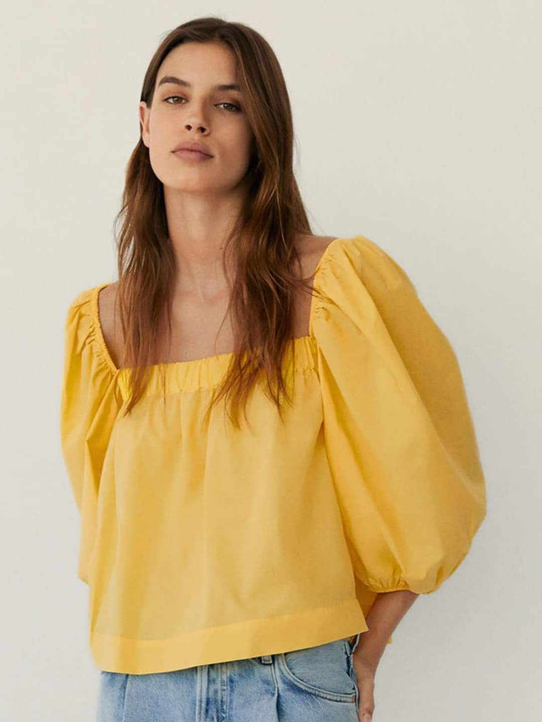 MANGO Women Yellow Solid Boxy Sustainable Pure Cotton Top