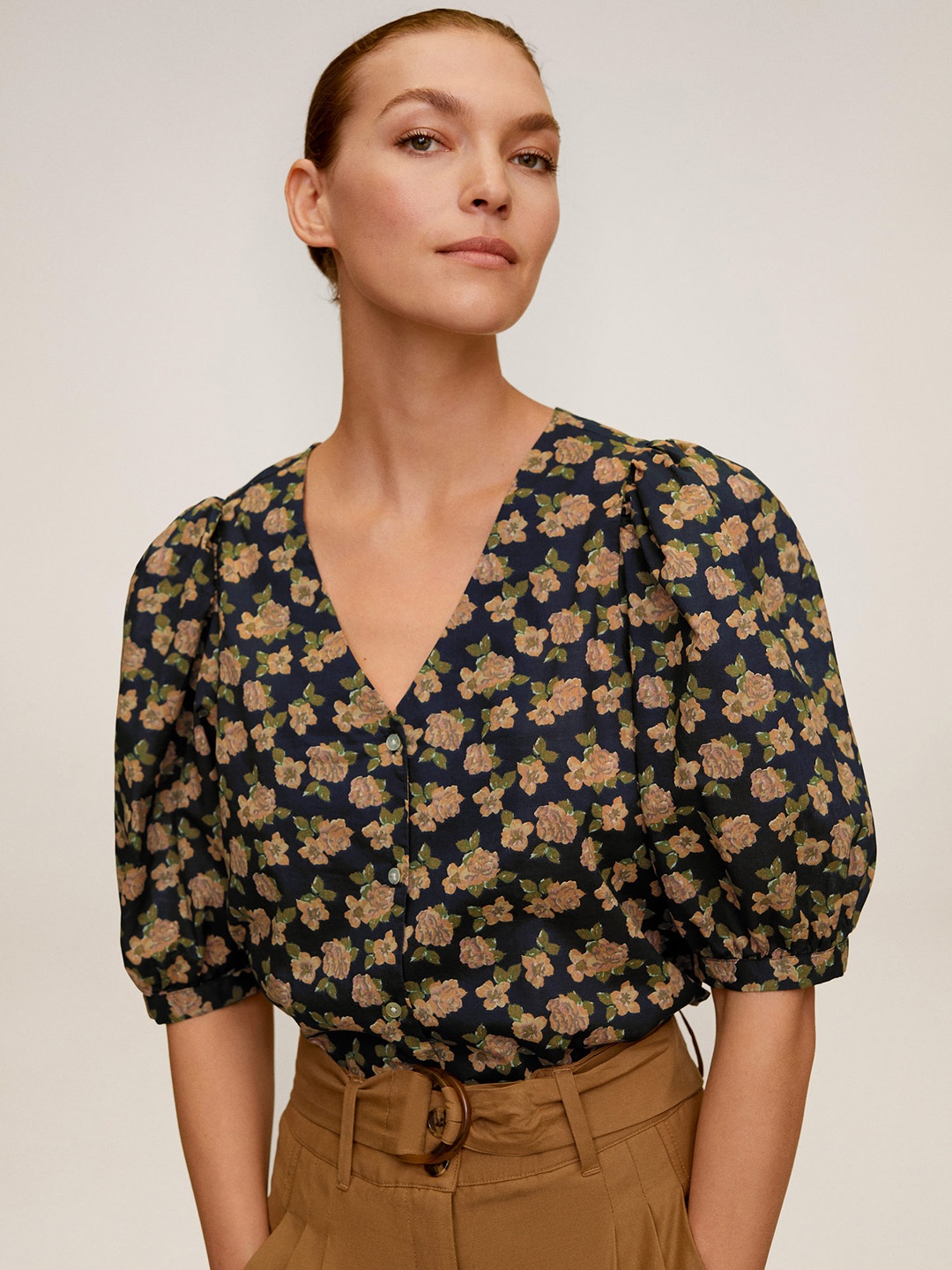 

MANGO Women Black & Brown Floral Printed Pure Cotton Top