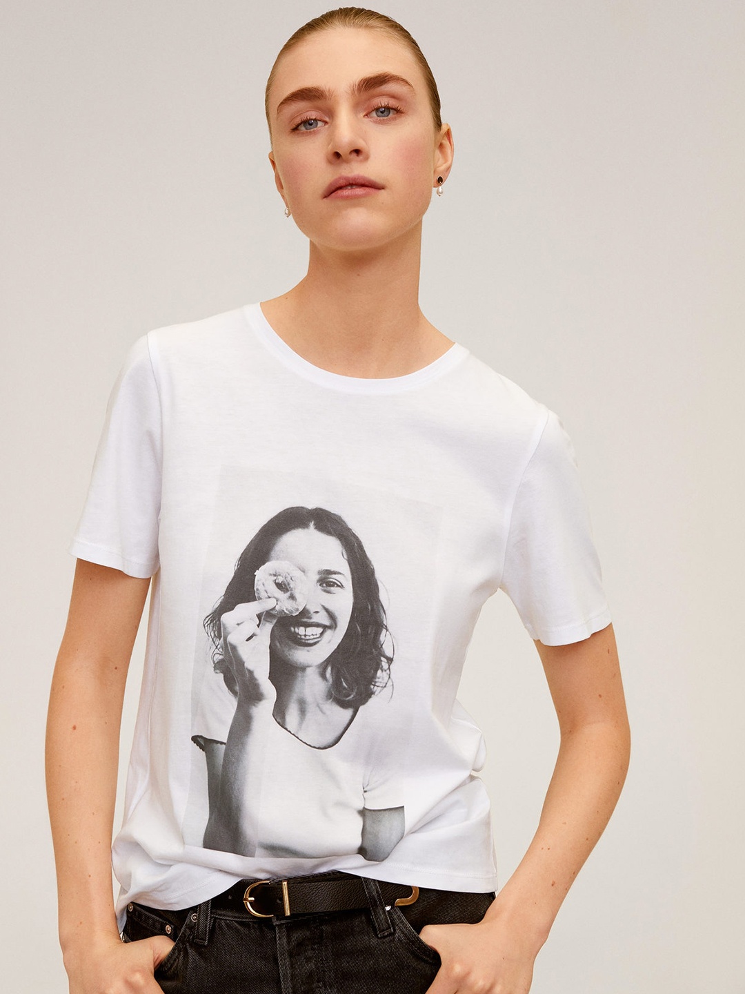 

MANGO Women White & Grey Printed Round Neck T-shirt