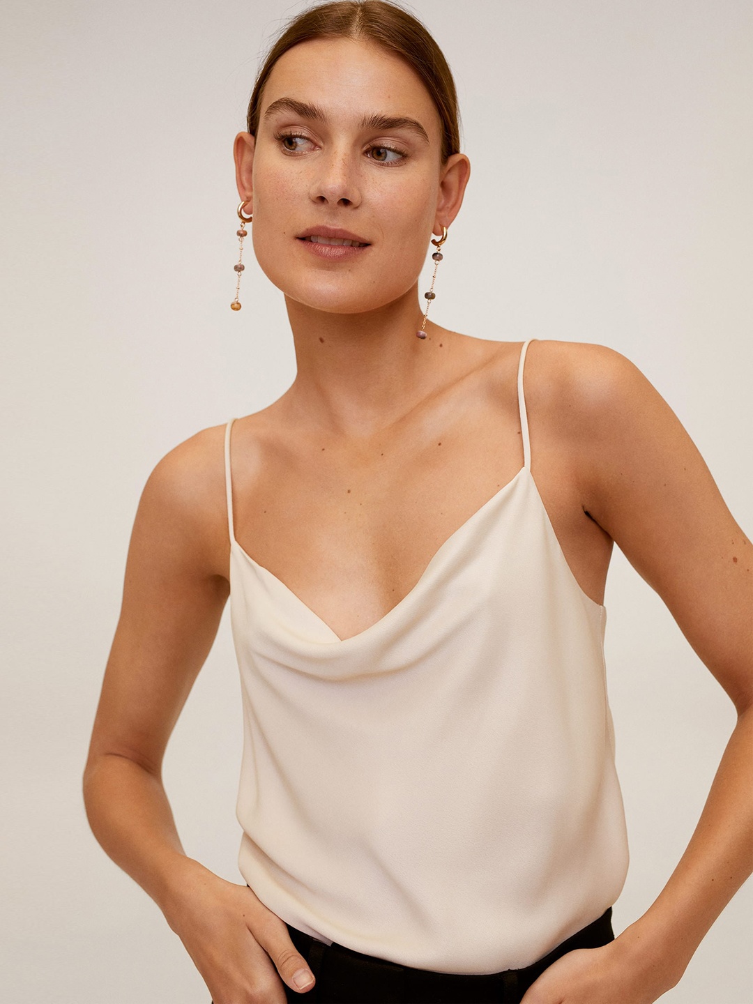 

MANGO Women Cream-Coloured Solid Satin Top, Off white