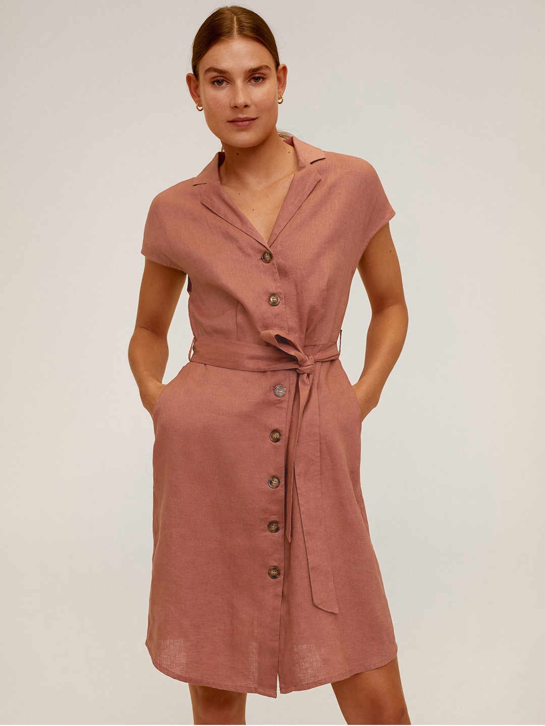 

MANGO Women Dusty Pink Solid Linen Shirt Dress