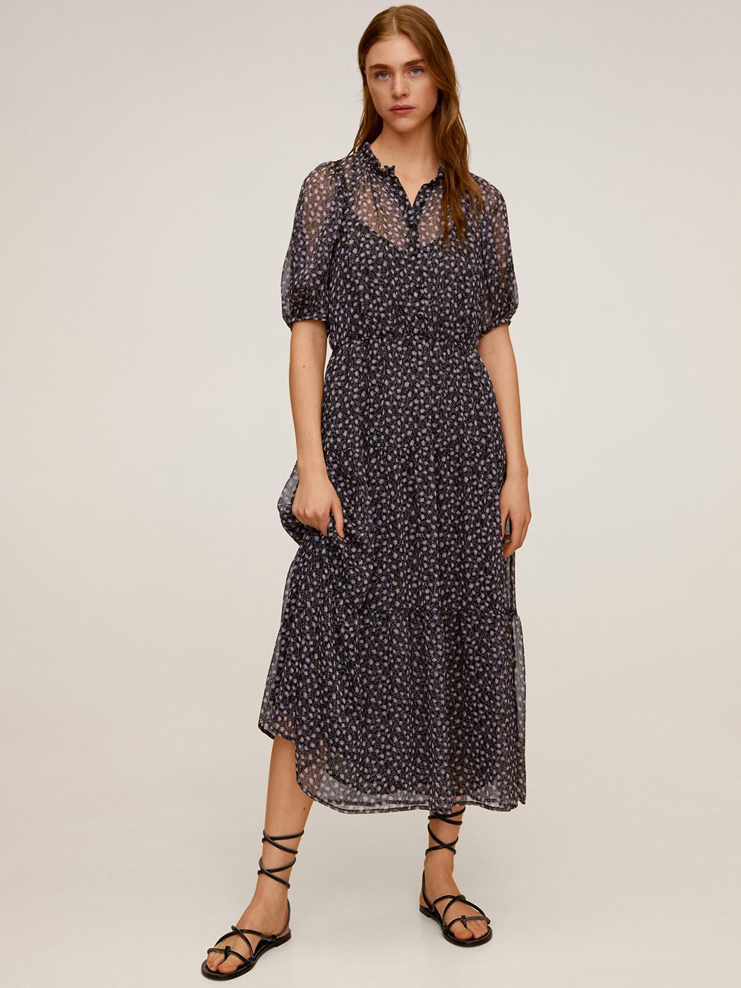 

MANGO Women Black & Lavender Printed Semi-Sheer Tiered A-Line Dress