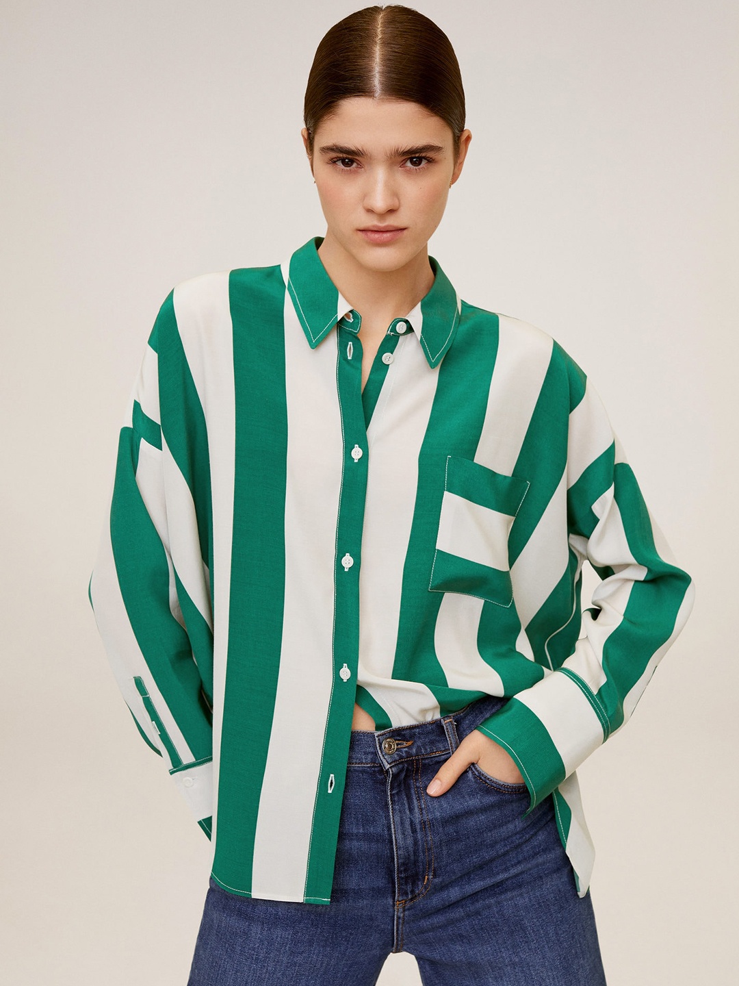 

MANGO Women Green & White Regular Fit Striped Casual Shirt