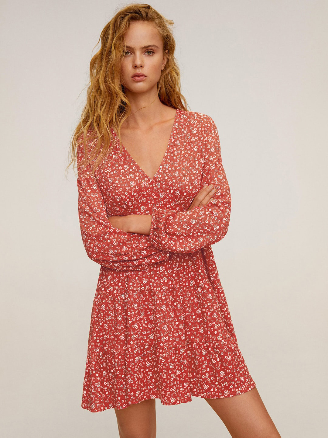 

MANGO Women Red & White Floral Print Tiered A-Line Dress