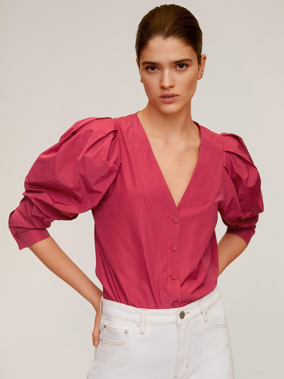 

MANGO Women Pink Solid Puff Sleeved Top