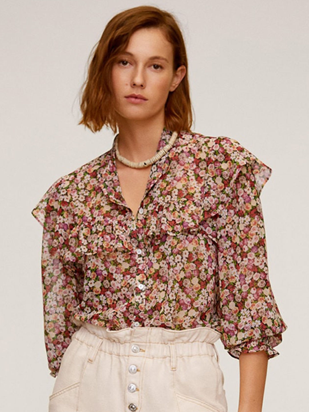 

MANGO Women Pink & Off-White Floral Printed Ruffled Shirt Style Top