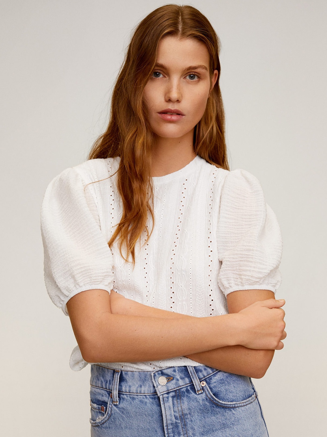 

MANGO Women White Embroidered Schiffli Puff Sleeves Top