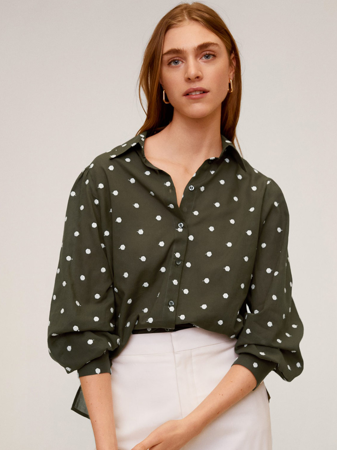 

MANGO Women Olive Green & White Regular Fit Printed Casual Shirt