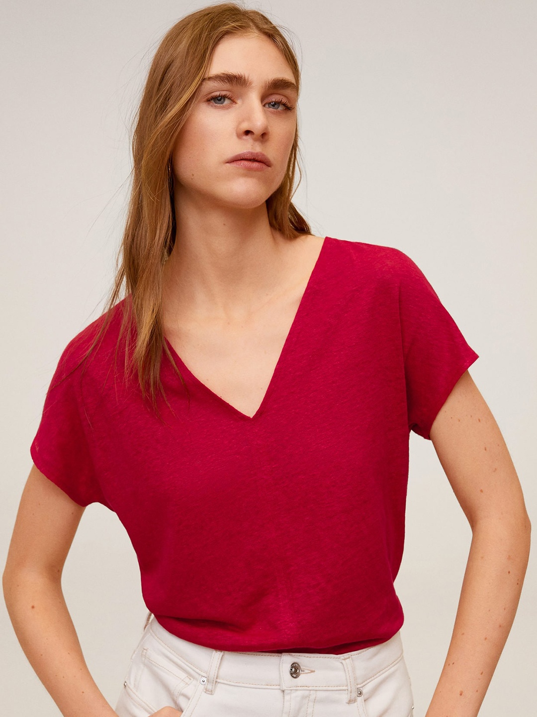 

MANGO Women Red Linen Solid V-Neck T-shirt