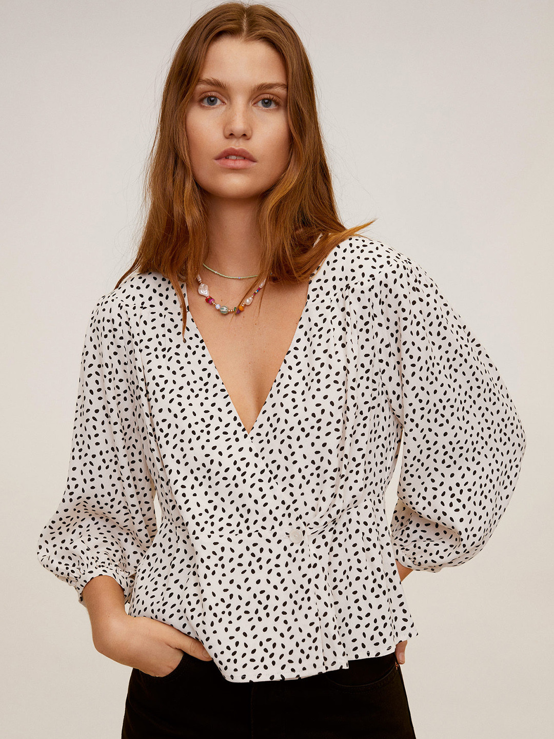 

MANGO Women Off-White & Black Printed Wrap Top