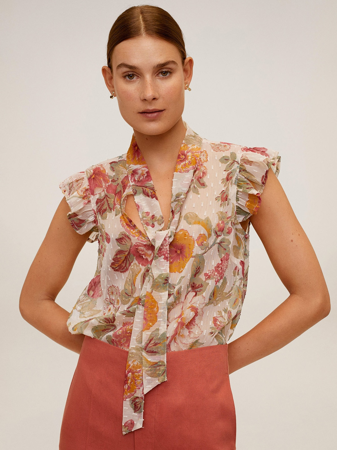 

MANGO Women Beige & Orange Floral Printed Ruffled Tie-Up Neck Sustainable Top