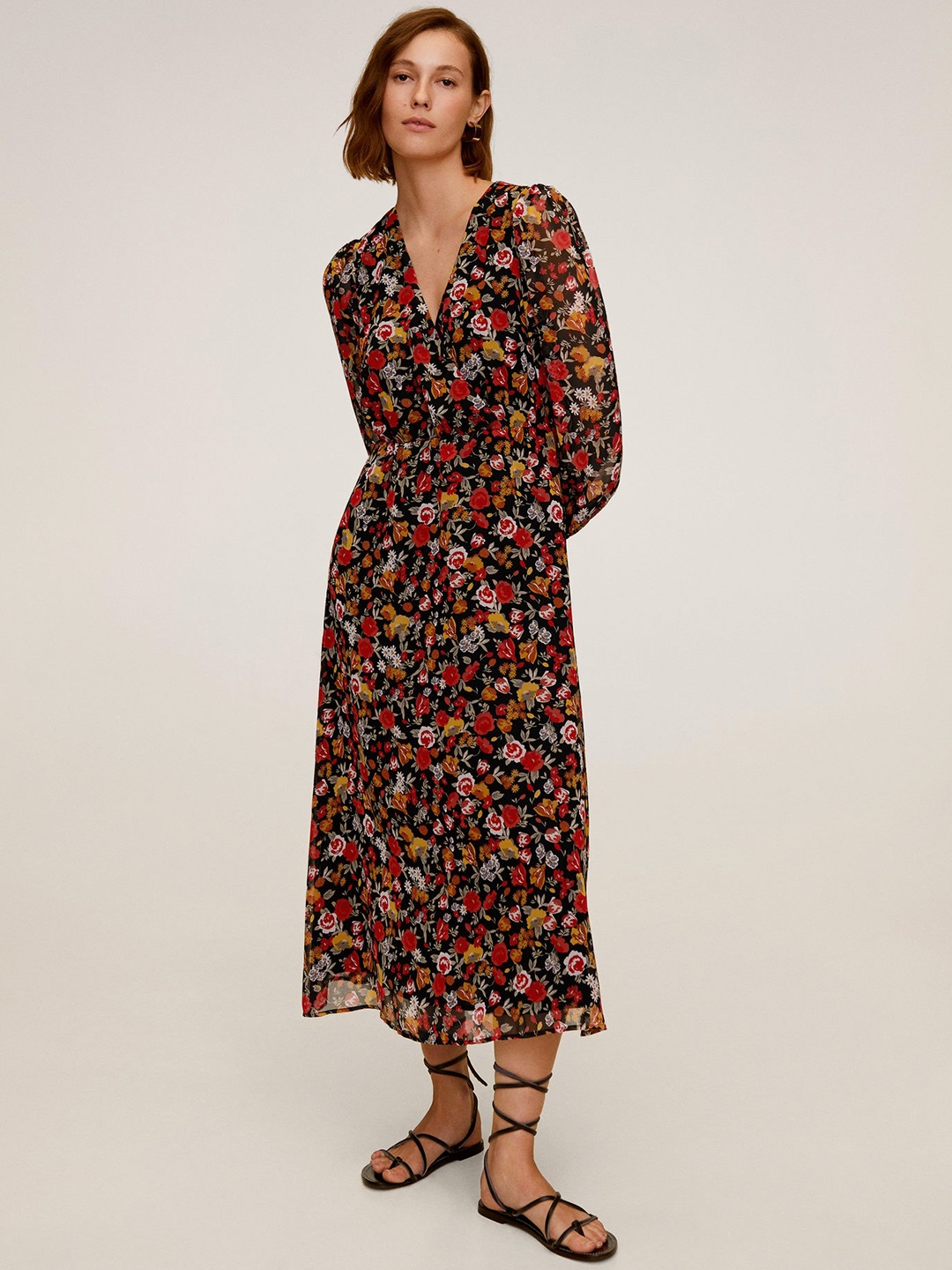 

MANGO Women Black & Red Floral Print A-Line Dress