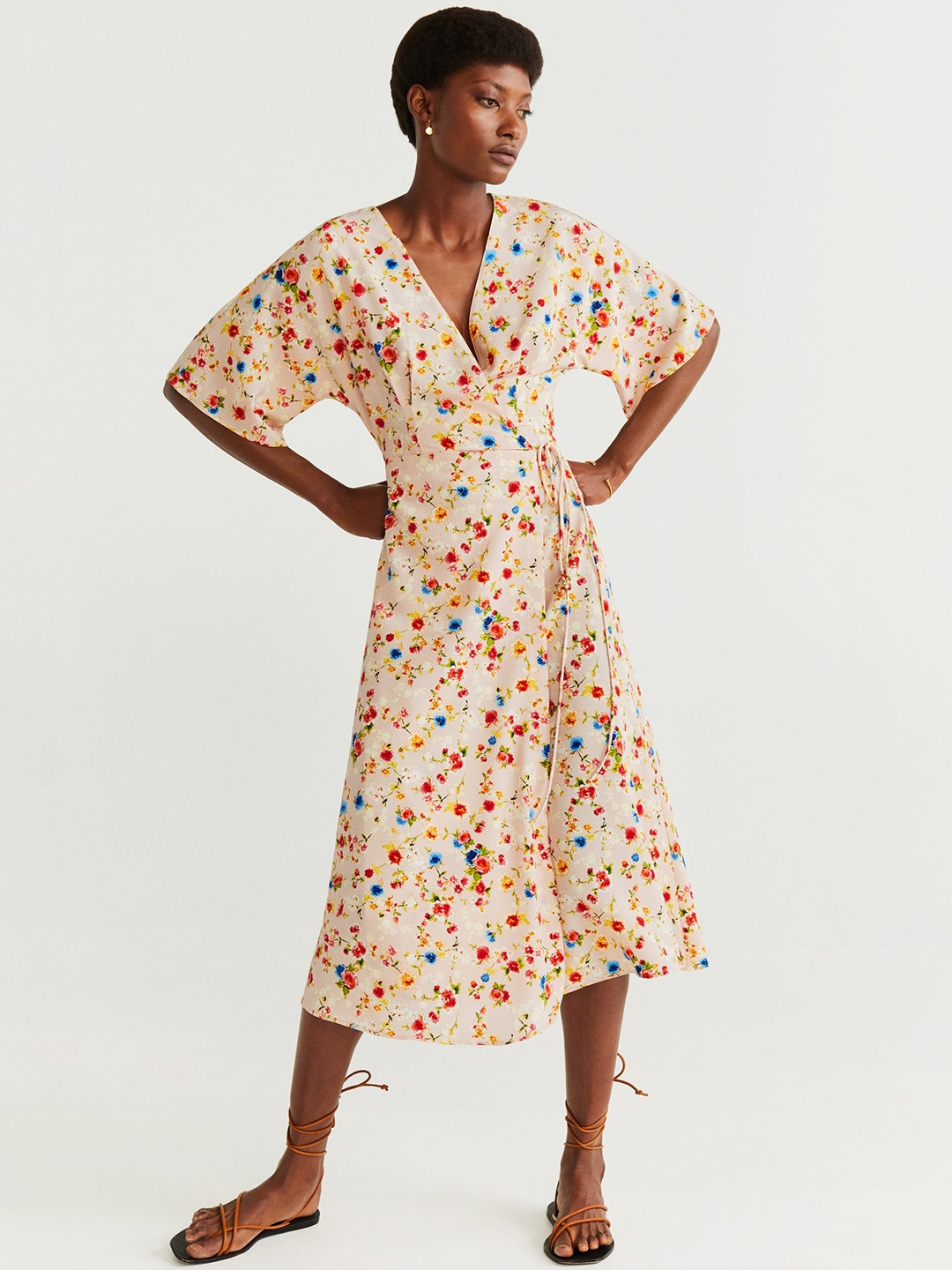 

MANGO Women Cream-Coloured & Orange Floral Print Wrap Dress