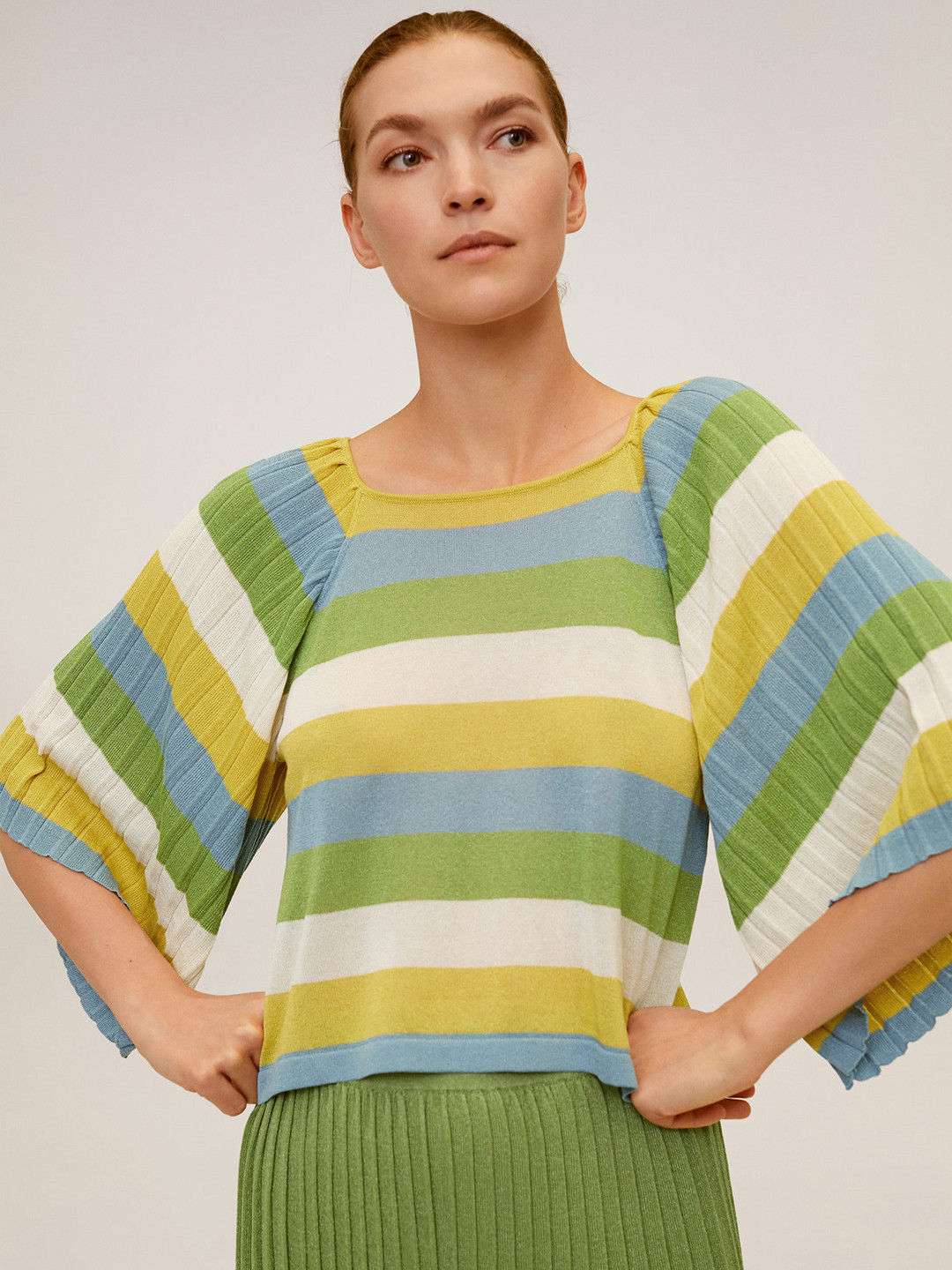 

MANGO Women Green & Yellow Striped Top