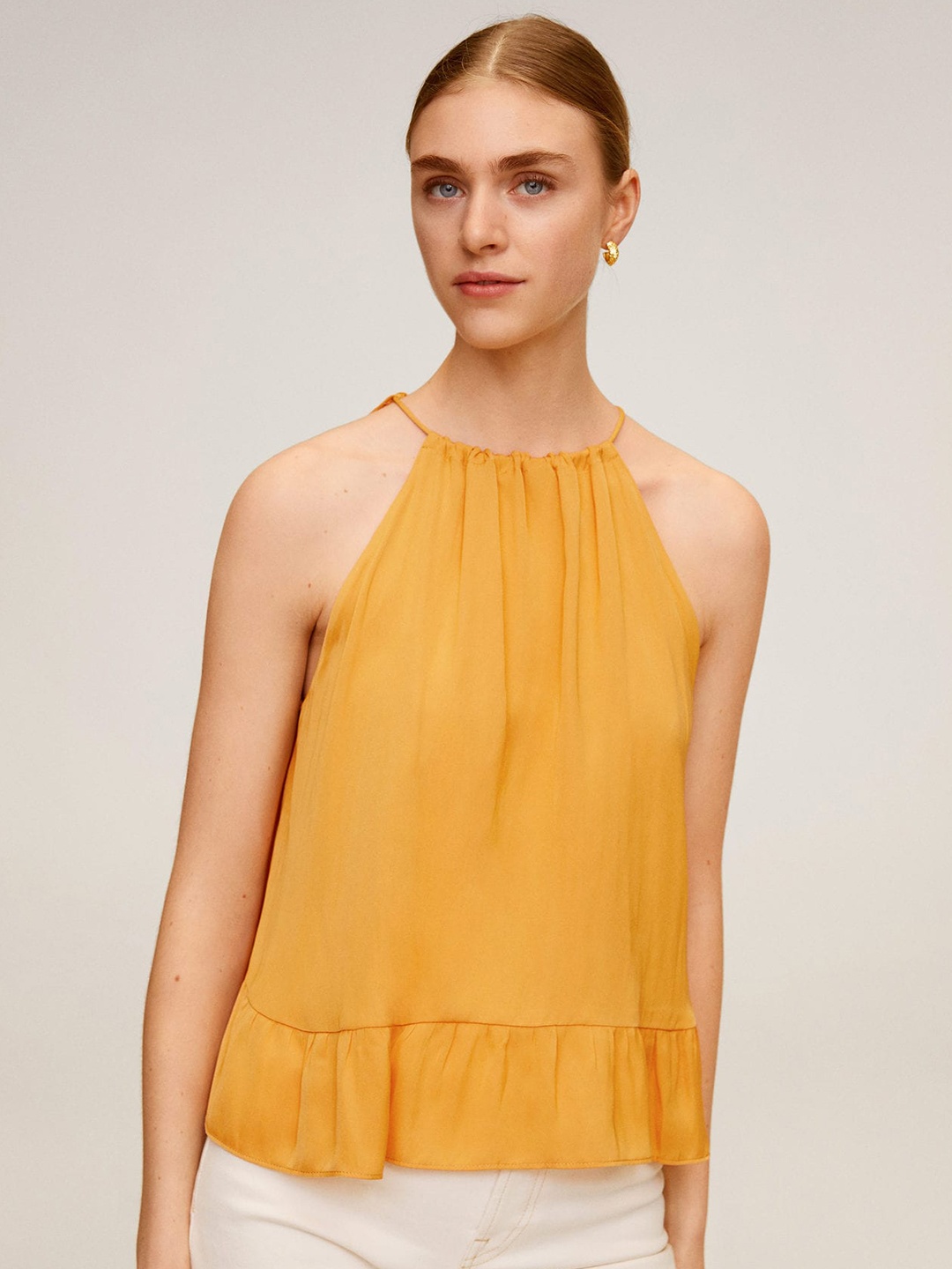 

MANGO Women Mustard Yellow Solid A-Line Top