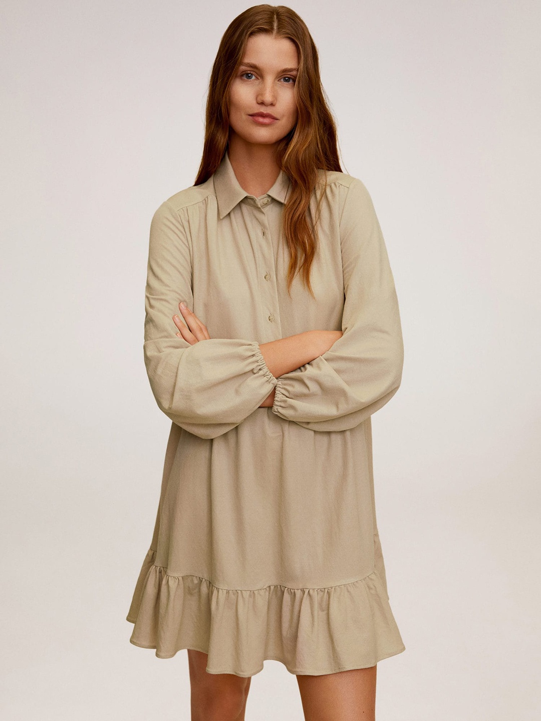 

MANGO Women Beige Solid Shirt Dress