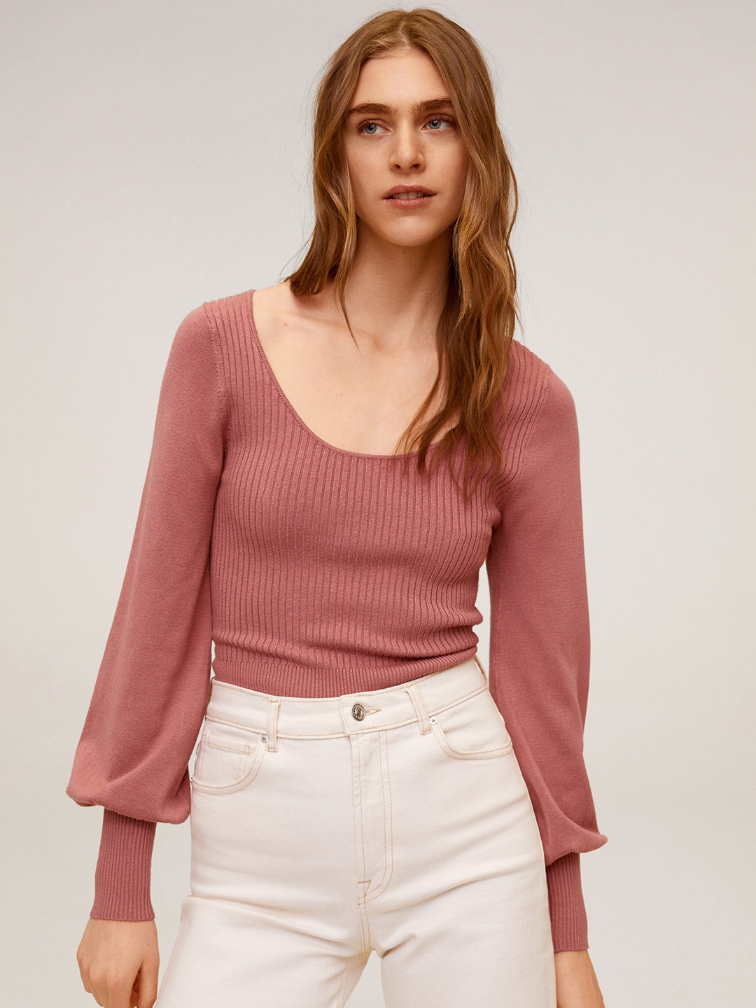 

MANGO Women Mauve Ribbed Pullover Sweater