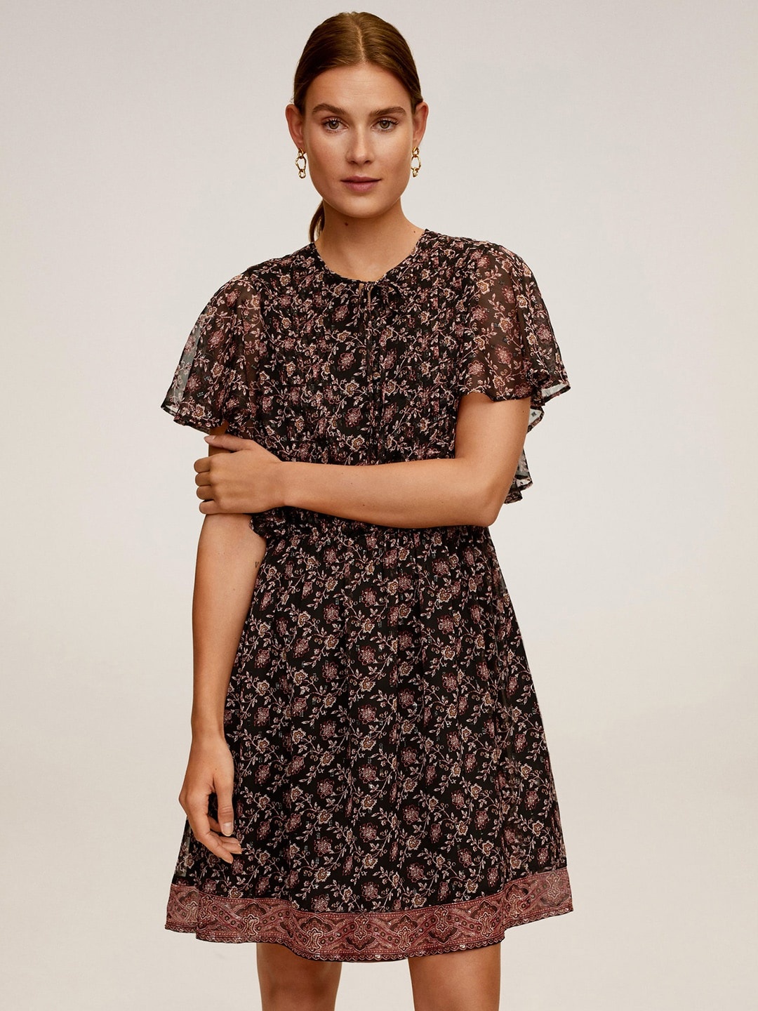 MANGO Women Black & Rust Red Floral Print A-Line Sustainable Dress